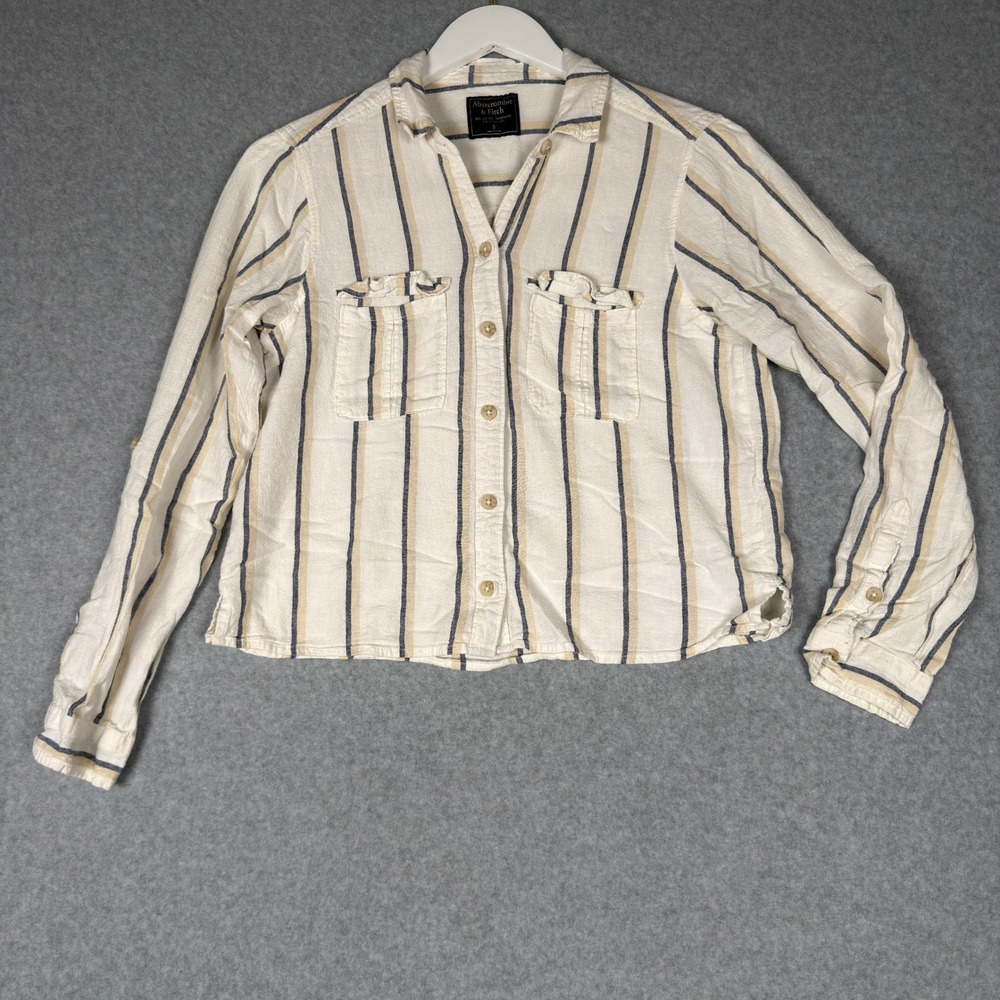 Abercrombie & Fitch Womens S Linen Blend Striped Button Up Shirt Cream Tan Crop